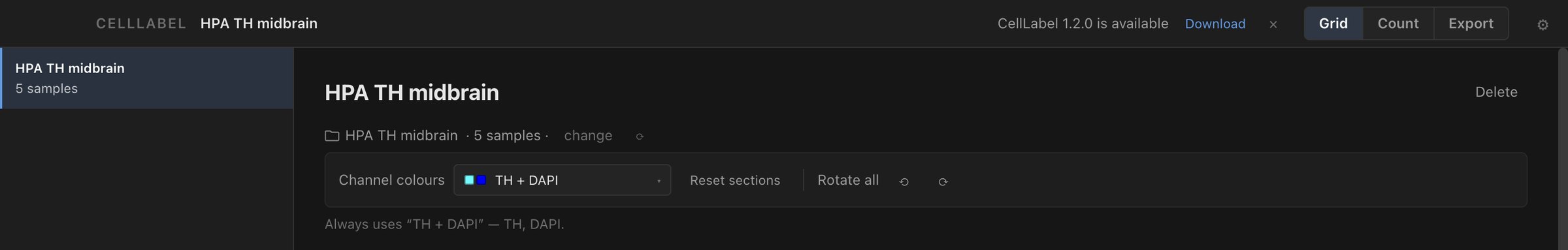 CellLabel's top bar with the notice: CellLabel 1.2.0 is available, Download